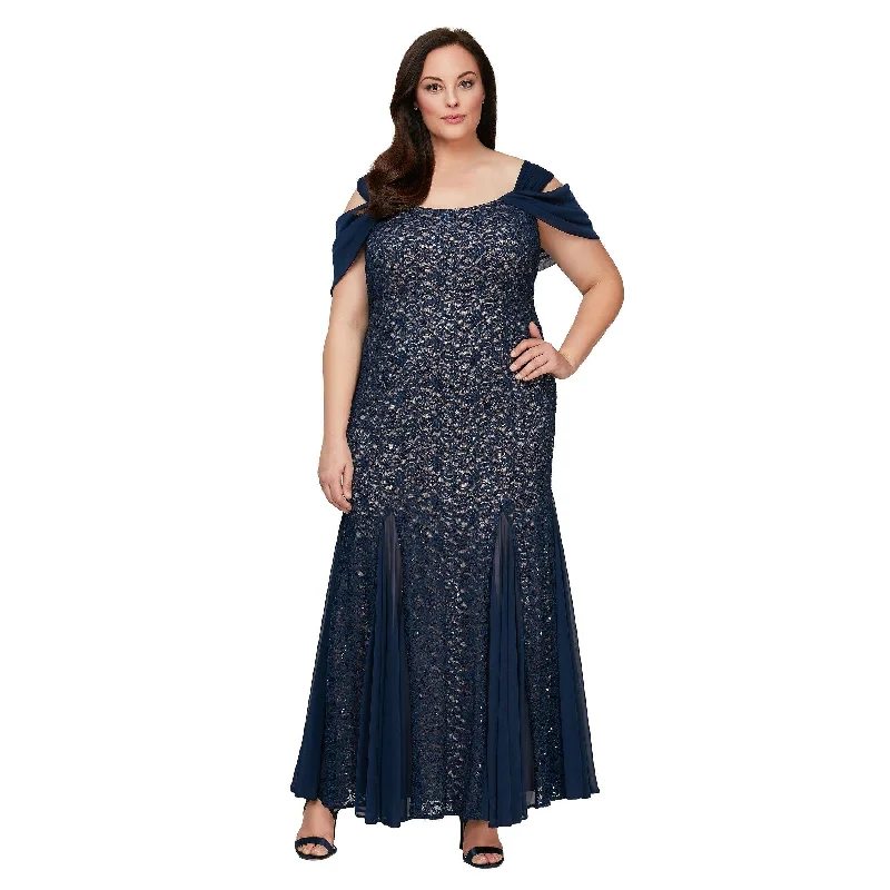 Satin Gown Alex Evenings AE84122243 Long Plus Size Lace Dress