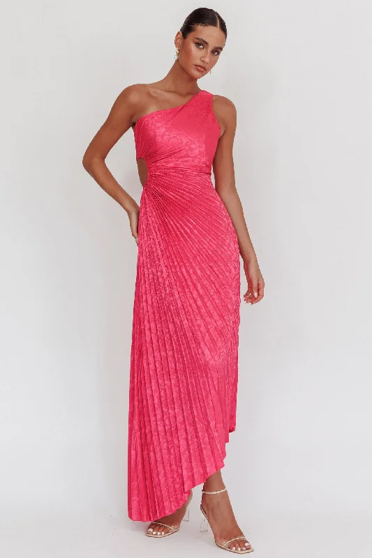 One-Shoulder Gown Amelie One-Shoulder Accordion Pleat Maxi Dress Floral Fuchsia