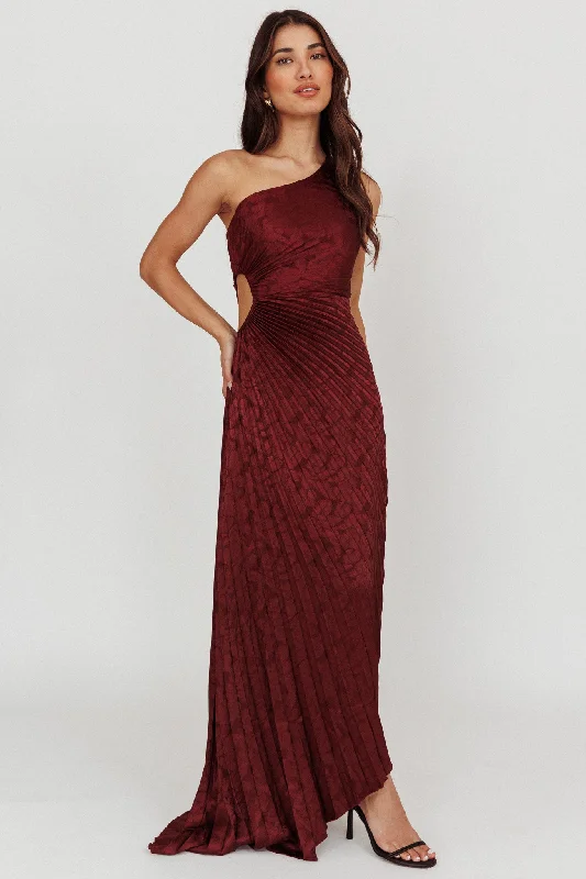 Luxury Dress Amelie One-Shoulder Accordion Pleat Maxi Dress Merlot