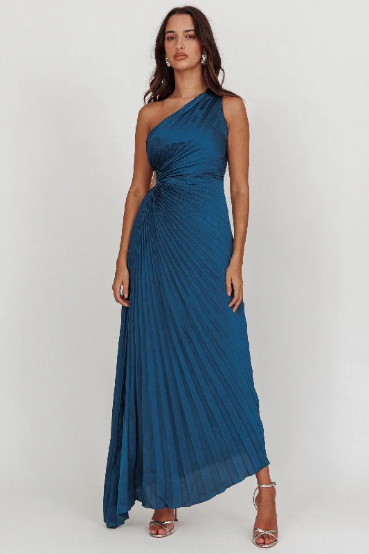 Chiffon Dress Amelie One-Shoulder Accordion Pleat Maxi Dress Teal