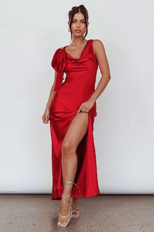 Fringe Gown Averie Bow Shoulder Split Midi Dress Red
