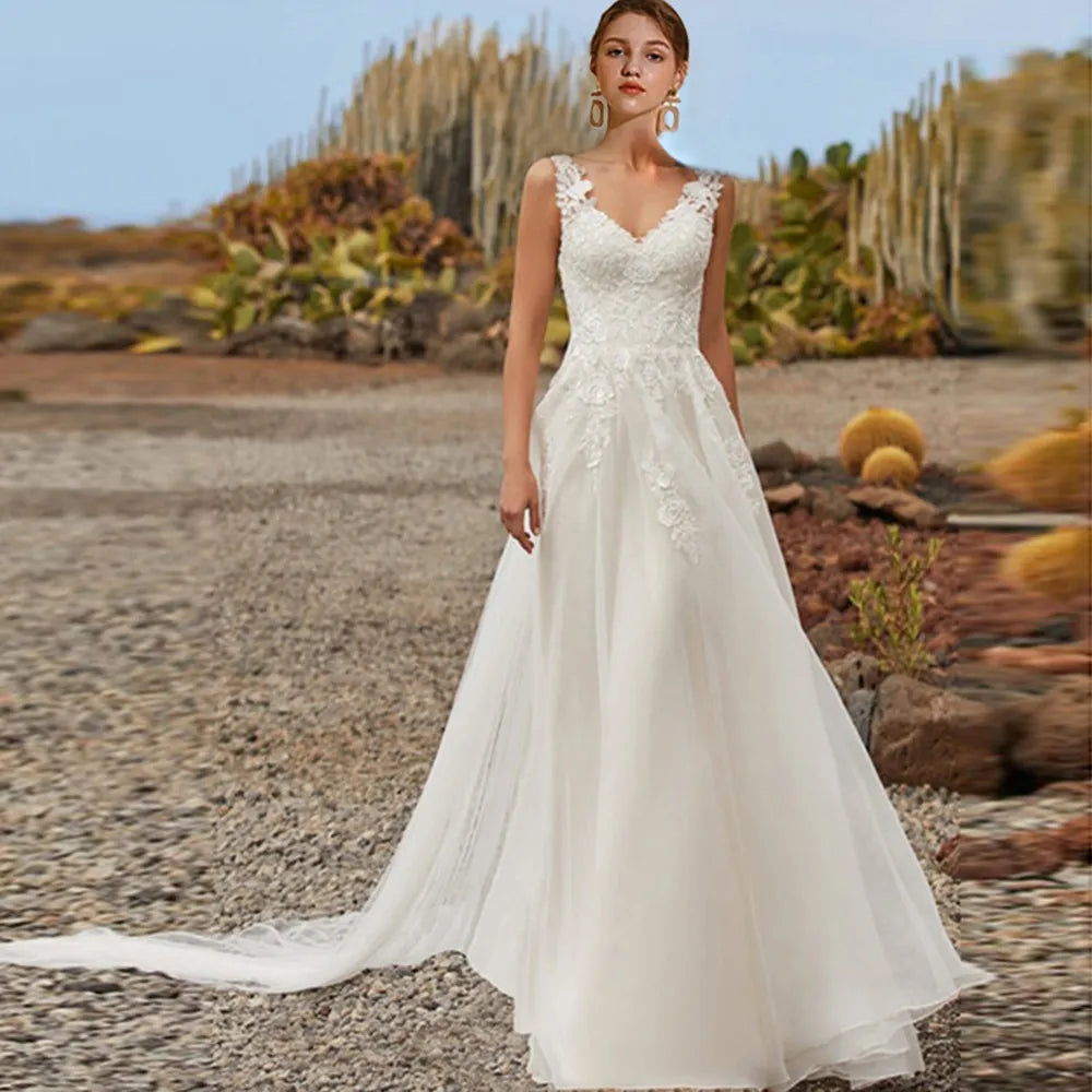 Strapless Gown Beach Wedding A-Line Organza Lace Wedding Dress