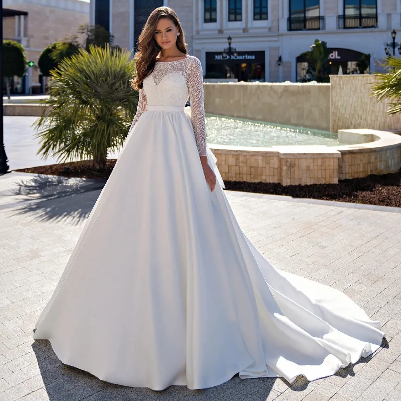 Tulle Gown Beaded Ball Gown Long Sleeves Satin Wedding Dress