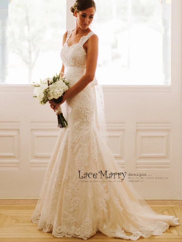 Ball Gown Beaded Lace Wedding Dress in Fit and Flare Shape