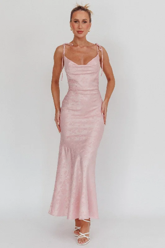Evening Gown Belonging Cowl Neck Tied Shoulders Maxi Dress Blush
