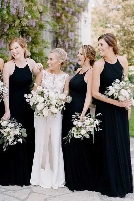 Evening Gown Spaghetti Straps Long Black Bridesmaid Wedding Party Dress