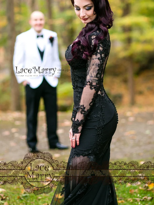 Glamorous Formal Dress Black Lace Wedding Dress with Sheer Open Back
