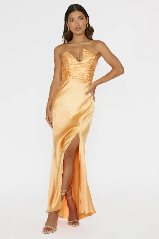 Luxe Satin Dress Blaise Asymmetric Neckline Maxi Dress Apricot