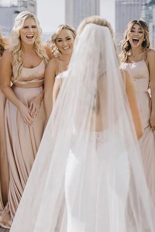 Delicate Lace Dress Straps Long Champagne Bridesmaid Dress with Criss Back