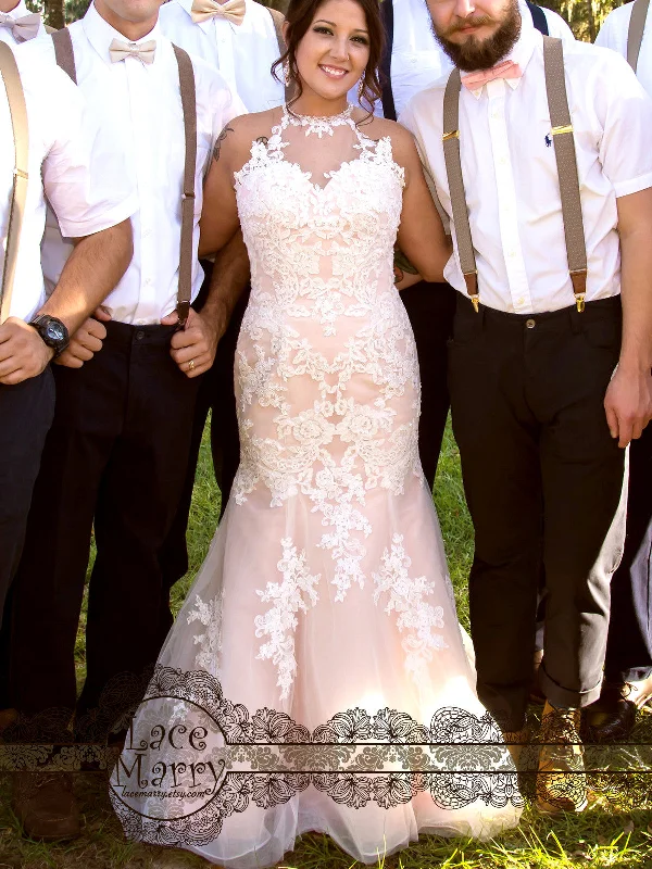 Romantic Evening Gown Blush Wedding Dress with Beaded Flower Applique