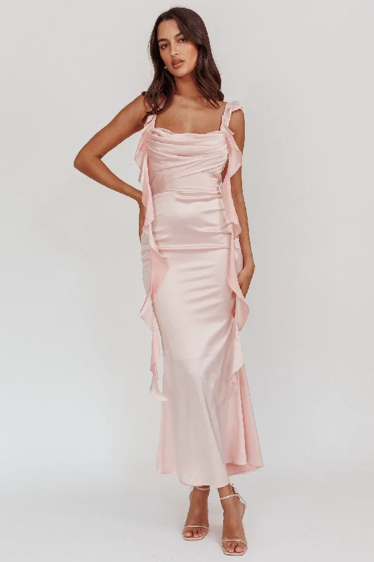 Off-Shoulder Dress Blushing Ruffle Trim Midi Dress Baby Pink