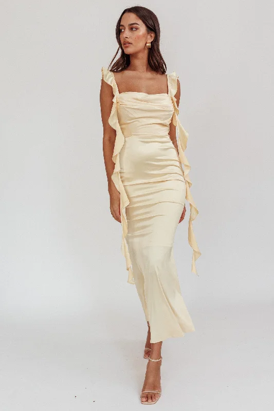 Satin Gown Blushing Ruffle Trim Midi Dress Butter