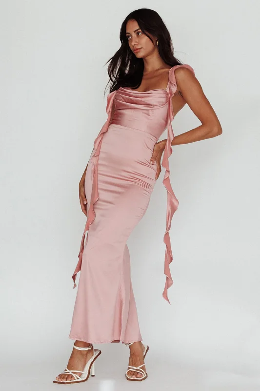 Floral Gown Blushing Ruffle Trim Midi Dress Mauve