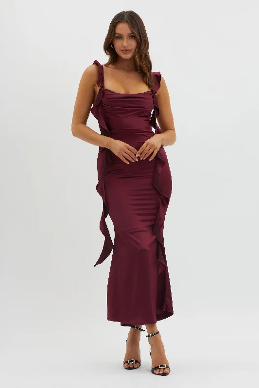 One-Shoulder Gown Blushing Ruffle Trim Midi Dress Wine