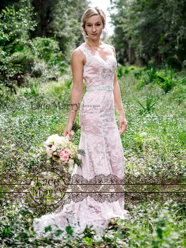 Sequin Gown Boho Blush Wedding Dress from Scalloped Chantilly Lace