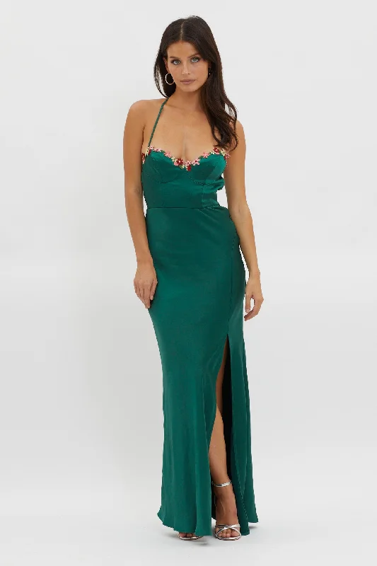 Slit Gown Bonsoir Floral Embroidery Trim Maxi Dress Forest Green