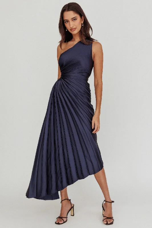 Sequin Gown Brooklynn One-Shoulder Accordion Pleat Midi Dress Navy