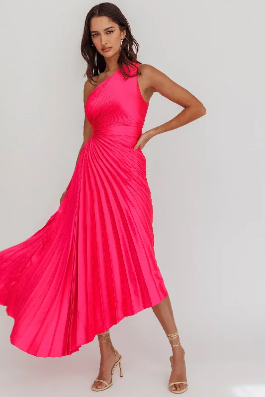 Velvet Dress Brooklynn One-Shoulder Accordion Pleat Satin Midi Dress Fuchsia
