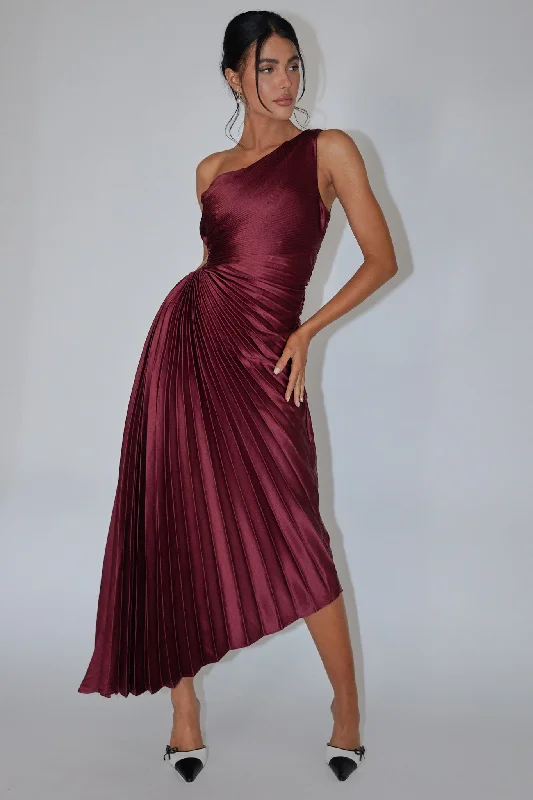 Lush Satin Gown Brooklynn One-Shoulder Accordion Pleat Dress Wine