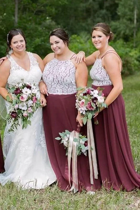 Embroidered Gown Plus Size Straps Burgundy Long Bridesmaid Dress with Lace