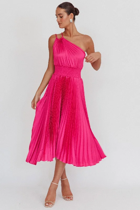 Illusion Neckline Dress Calissa One Shoulder Pleated Midi Dress Magenta