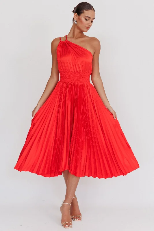 Ruffled Dress Calissa One Shoulder Pleated Midi Dress Red