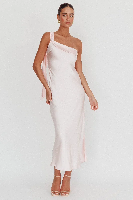 Dainty Chiffon Dress Carmel One-Shoulder Sash Maxi Dress Blush