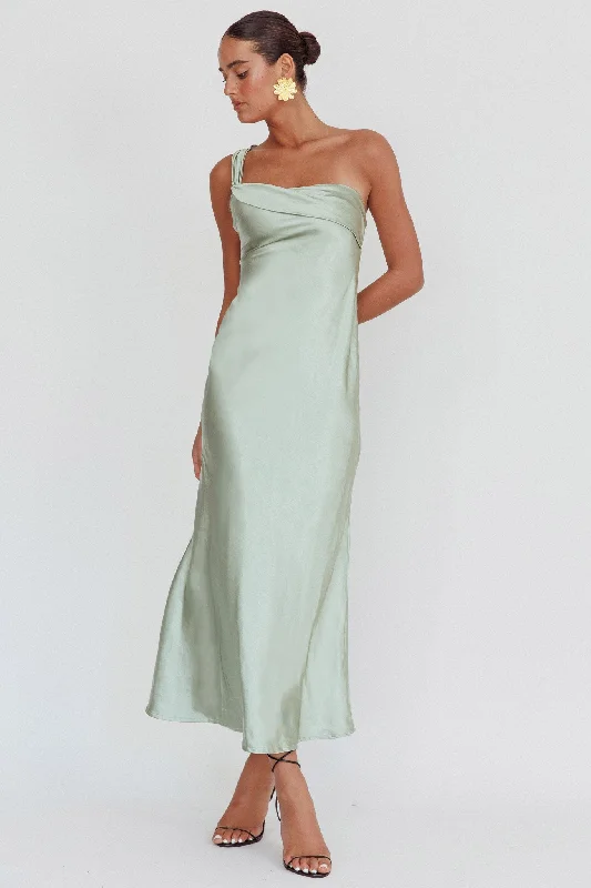 Off-White Gown Carmel One-Shoulder Sash Maxi Dress Sage