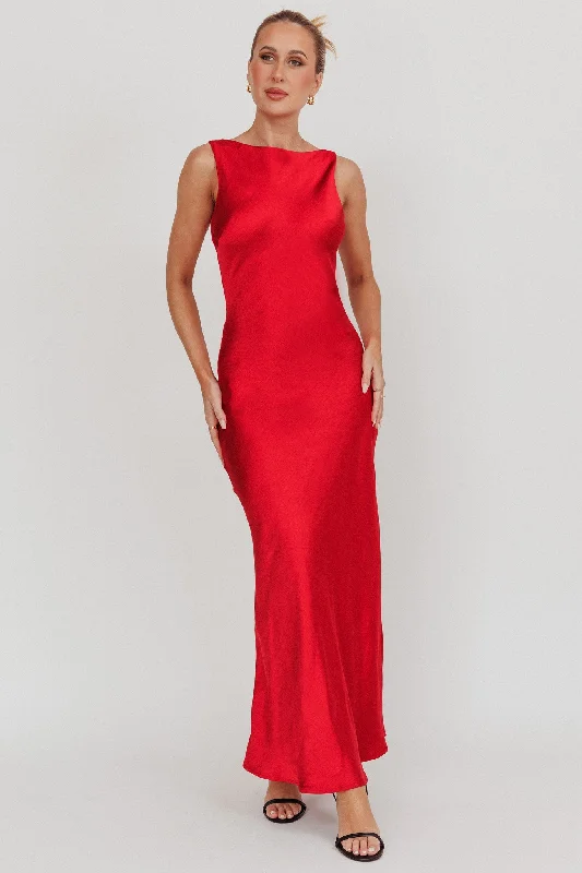 Draped Satin Gown Carmine Satin Sleeveless Maxi Dress Wine
