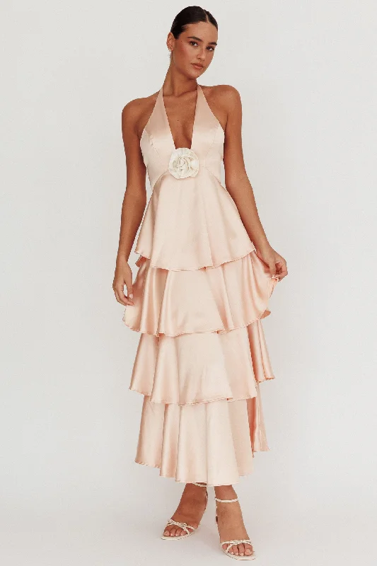 Formal Red Dress Catalina Tiered Ruffle Rosette Maxi Dress Peach
