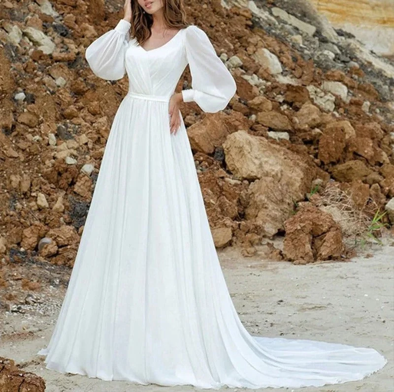 Off-Shoulder Dress Chiffon A-Line Plus Size V-Neck Puff Sleeve Wedding Dress