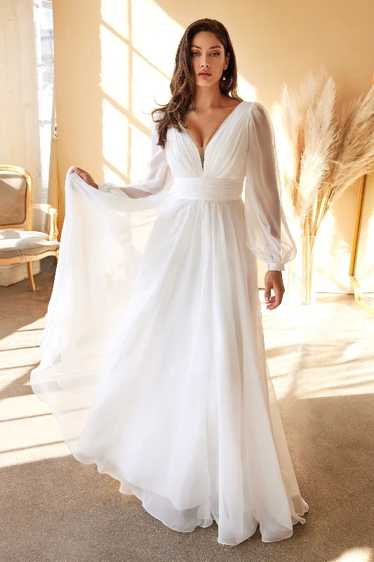 Chiffon Dress Long Sleeve Layered Belted Skirt Chiffon Plunging V Neckline V-Back Long Wedding Dress CDCD0192W Chiffon Dress Long Sleeve Layered Belted Skirt Chiffon Plunging V Neckline V-Back Long Wedding Dress CDCD0192W