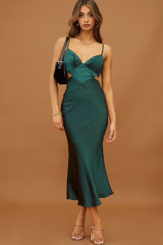 Timeless Satin Dress City Lights Cut-Out Waist Strappy Back Midi Dress Jade