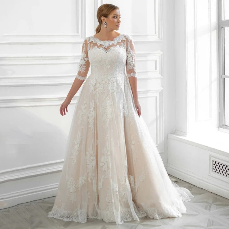 High Neck Dress Classic A Line Half Sleeves Lace Applique Wedding Dress WD1017