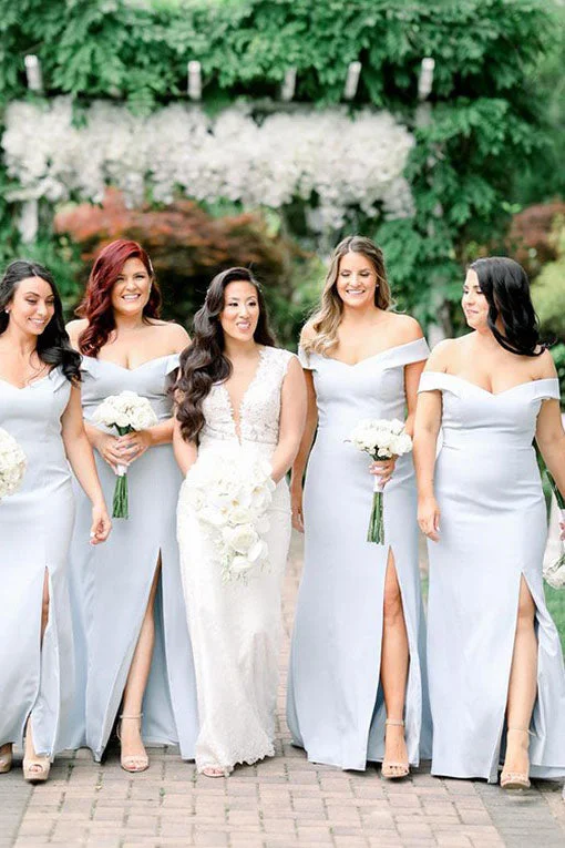 Pearl Embellished Gown Off the Shoulder Mermaid Light Blue Bridesmaid Dress with Split