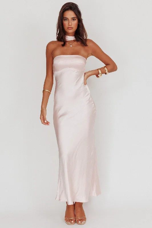 Floor-Length Satin Dress Damsel Reverse Halter Maxi Dress Blush