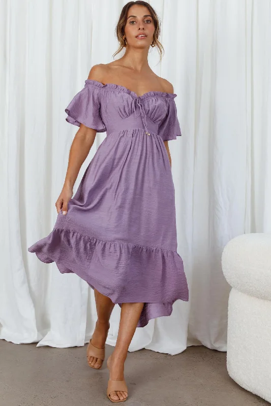 Elegant Gown Dandelion Off-Shoulder Tied Back Midi Dress Purple