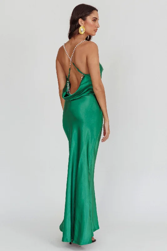 Empire Gown Danijela Cowl Neck Pearl Satin Maxi Dress Emerald