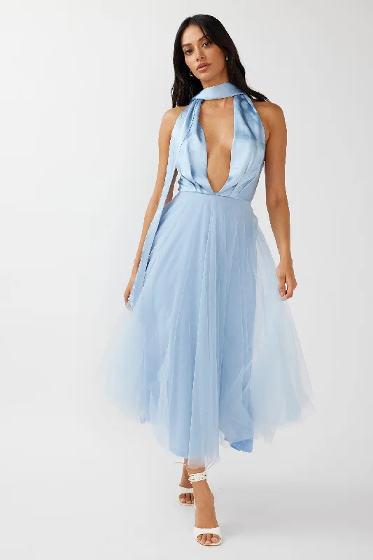 V-Neck Dress Darci Plunging Neckline Tulle Midi Dress Blue