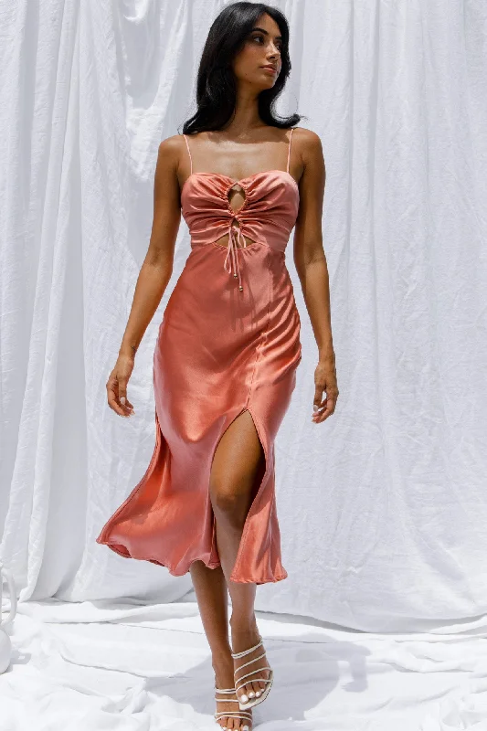 Draped Formal Dress Date Night Drawstring Bust Midi Dress Rose