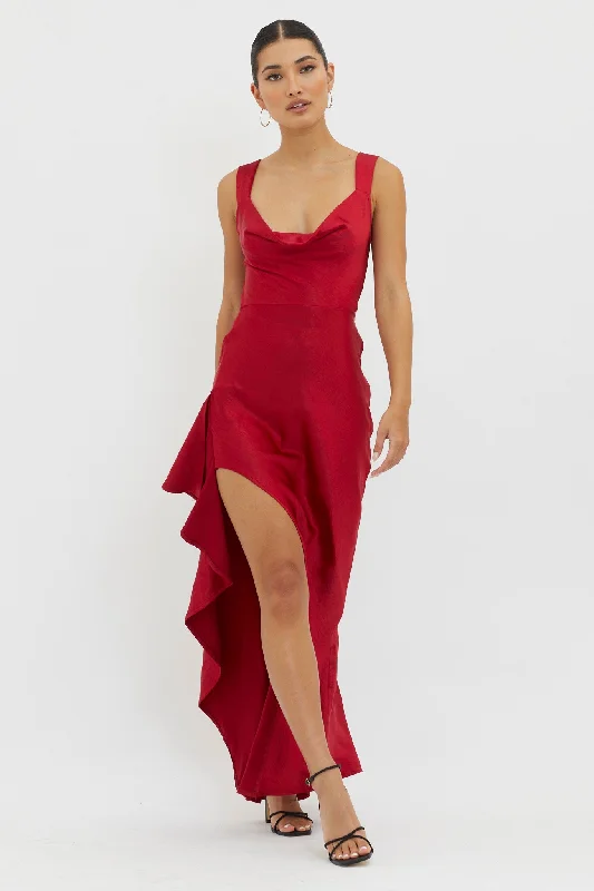 Pearl Embellished Gown Ellianna Lace-Up Back Maxi Dress Red