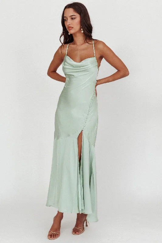 Classic Evening Dress Elpis Cowl Button Satin Maxi Dress Mint
