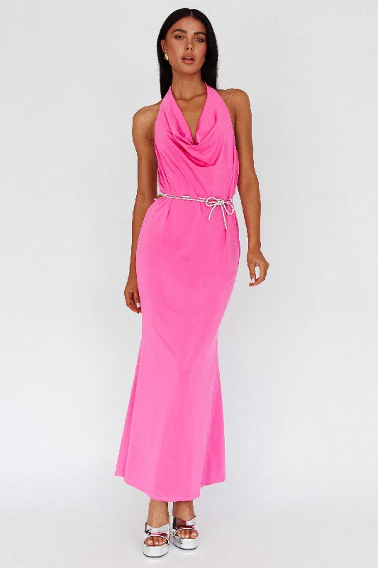 Pleated Gown Emmi Cowl Neck Diamante Rope Dress Magenta