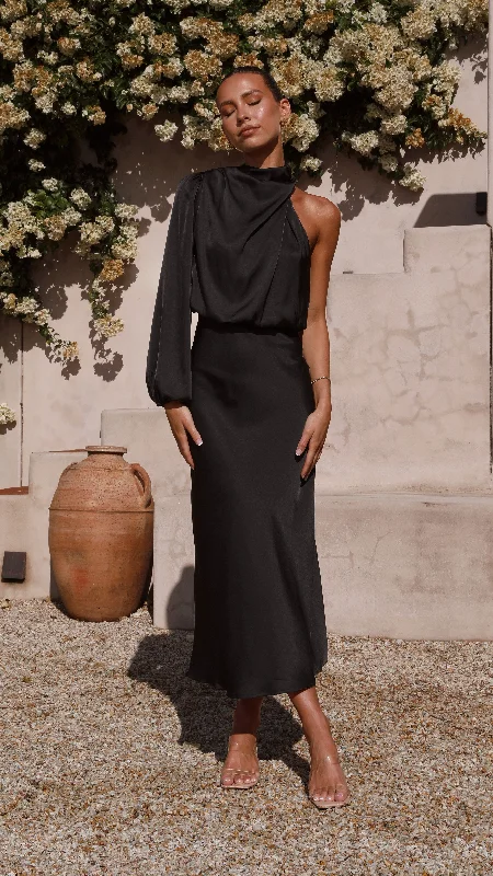 Floor-Sweeping Gown Esther One Shoulder Long Sleeve Dress - Black