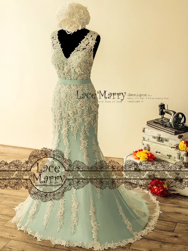 Vivid Color Gown Fabulous Teal Wedding Dress with Intensive Beading