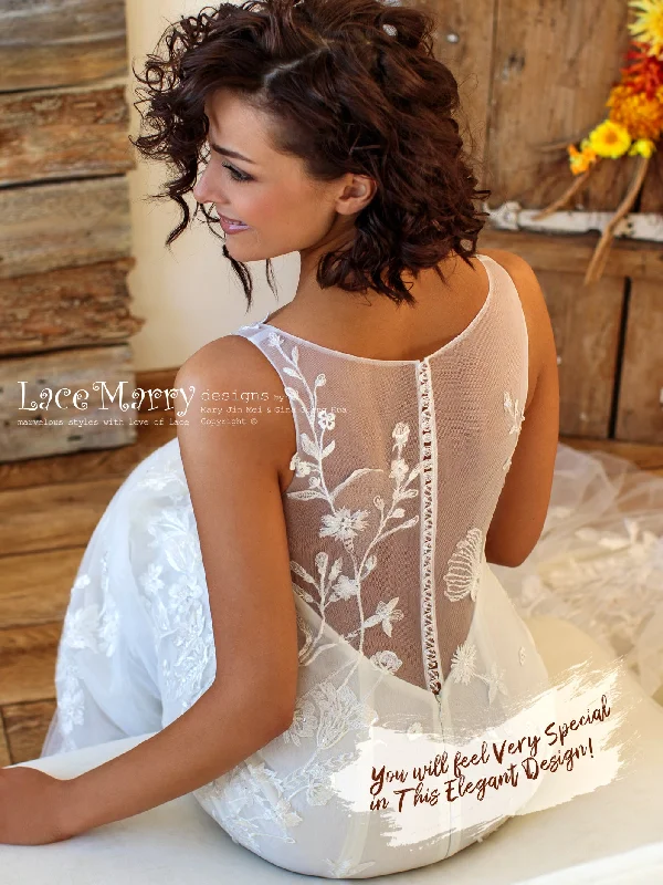Fit And Flare Dress Fitted Lace Wedding Dress with Beaded Floral Appliques