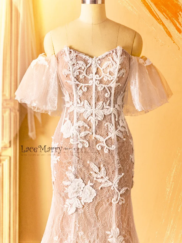 High Neck Dress MARA / Fitted Nude Wedding Dress with Amazing Beading Detail and Puffy Sleeves High Neck Dress MARA / Fitted Nude Wedding Dress with Amazing Beading Detail and Puffy Sleeves