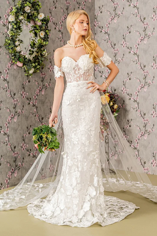 Modest Gown Floral Embroidery Mesh Mermaid w/ Long Back Drape Long Wedding Dress GLGL3424 Modest Gown Floral Embroidery Mesh Mermaid w/ Long Back Drape Long Wedding Dress GLGL3424