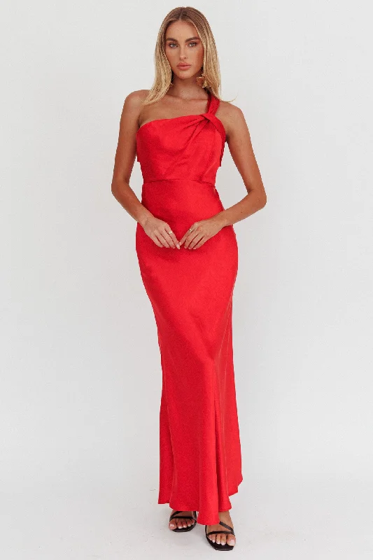 Formal Attire Fly Love Satin One Shoulder Maxi Dress Red