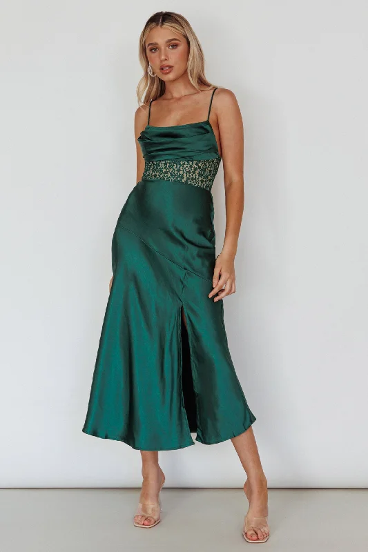 Vintage Lace Dress Golden Era Cowl Neck Lace Waist Midi Dress Jade